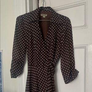 Vintage Brown Long Sleeve Midi Dress with White Polka Dots Cottage Core
